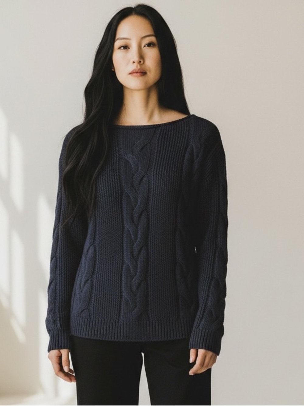 NWT Lucky Brand Navy Cable Crewneck Sweater 100% Cotton